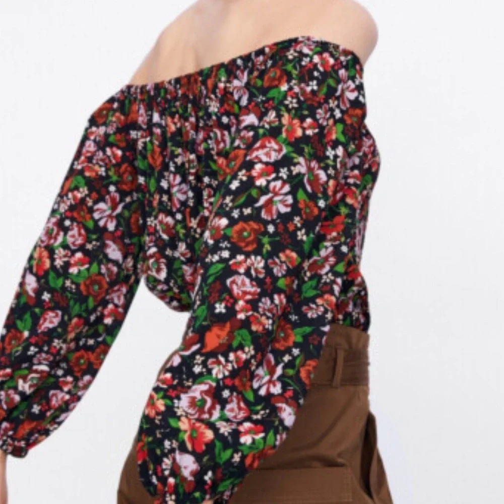 Zara Black Floral Off-Shoulder Top - Picture 2 of 11